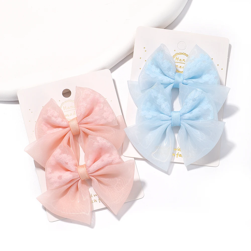 2 Pcs/set New Fashion Summer Girls Elegant Organza Bow Hairpins Sweet Kids Solid Safe Hair Clips Princess Hair Accessories Gift