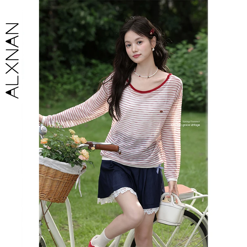 

ALXNAN Red Striped T-shirt 2025 Fall Thin Sunscreen Long Sleeve Tees Loose-fit Casual Versatile Tops Female L56366