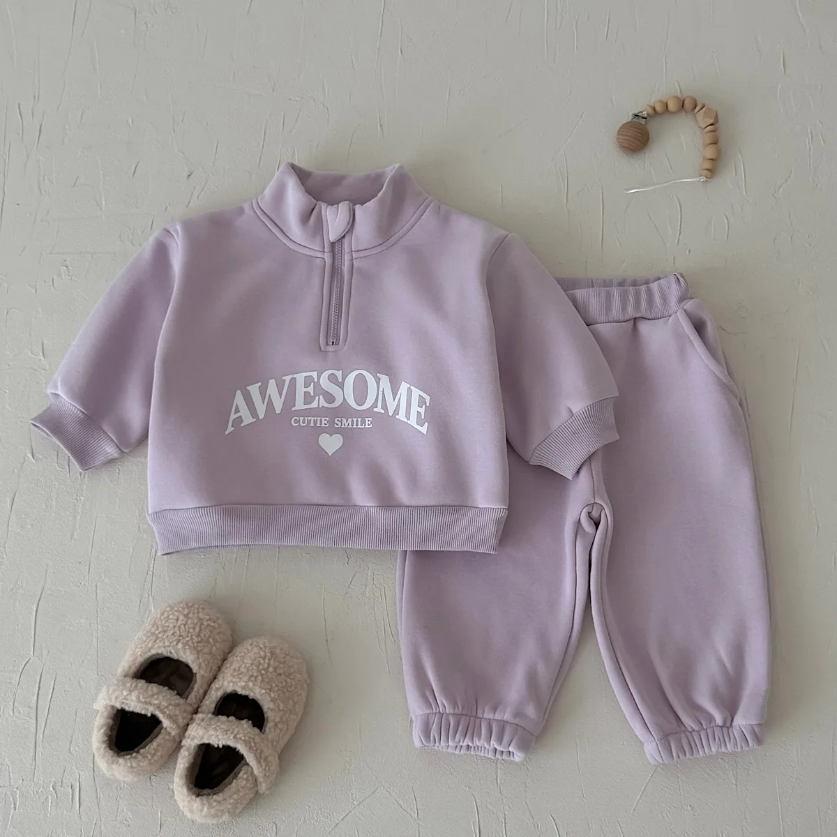 Toddler Letter Print Fleece Clothing Set, Half Zip Mock Neck Top & Elastic Cuff Pants, Soft Warm Purple Baby Casual 2Pcs Outfit