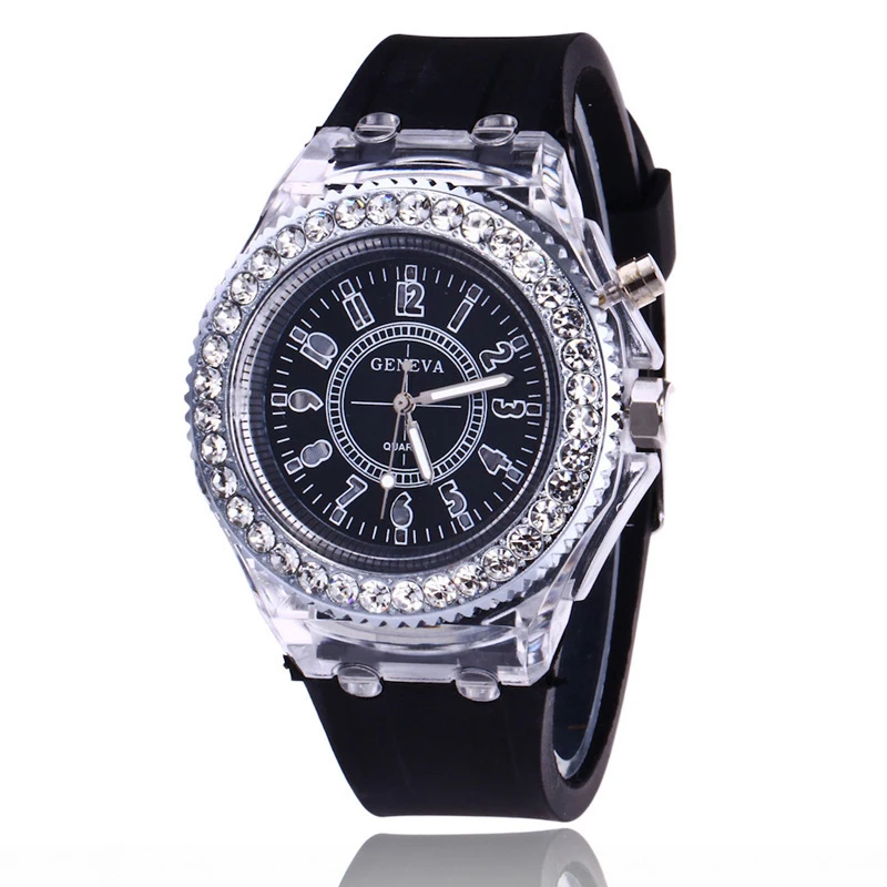 Luminous Watch Rhinestone LED Flash Casal Silicone para Mulheres e Homens Quartz Popular Luminous Sports Watch