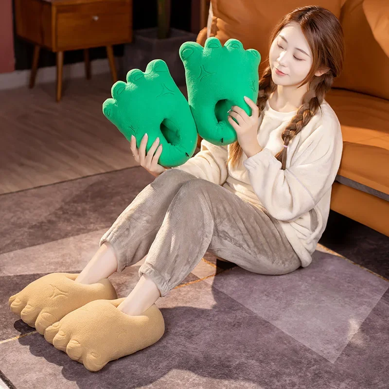 Funny Slippers for Women Men Kawai Cartoon Bigfoot Slides Winter Warm Cotton Shoes Slip on Couple Plush Warm Home Slippers