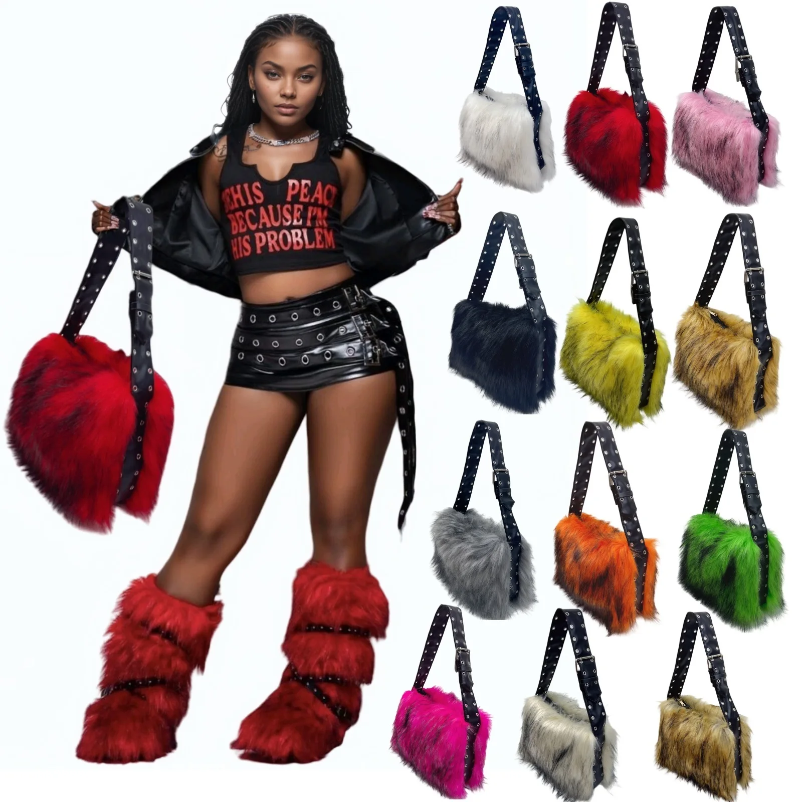 Y2K Women Faux Fox Fur Moto Bag, New Autumn Winter Large Capacity Fluffy Shoulder & Crossbody Ladies Purse