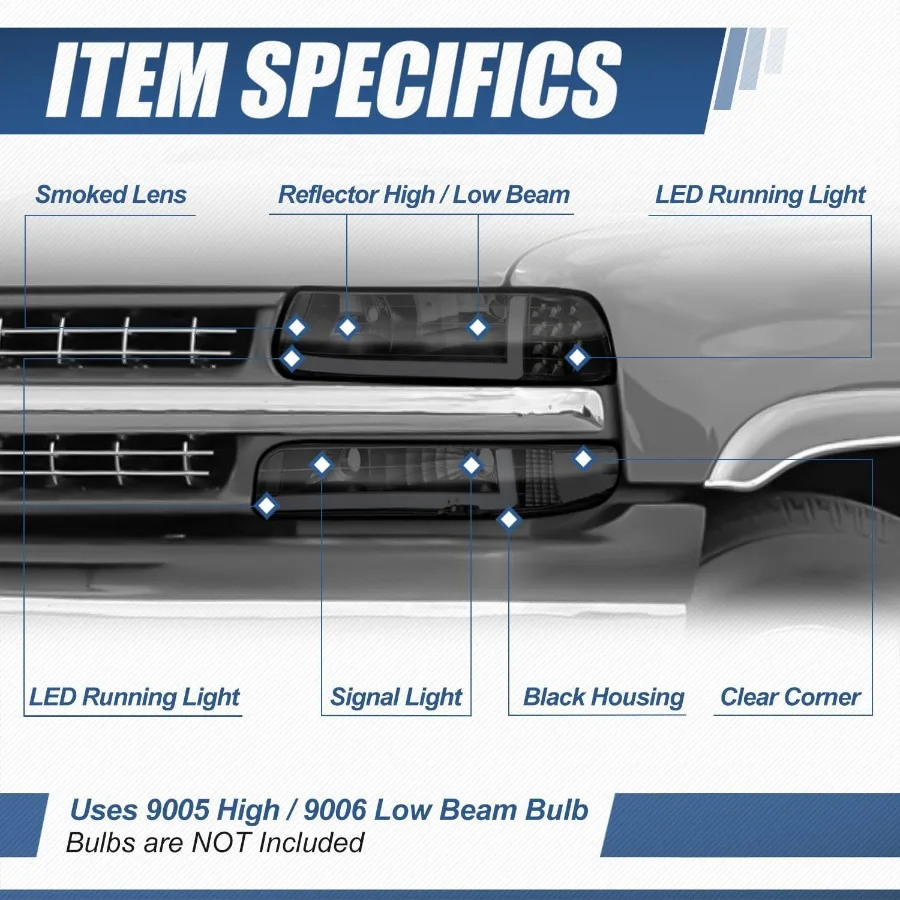 4 قطعة LED DRL مجموعة المصابيح الأمامية ومصابيح الوفير لسيارة شيفروليه سيلفرادو سوبربان 1500 2500 3500 تاهو 19992006 عدسة مدخنة Cl #2
