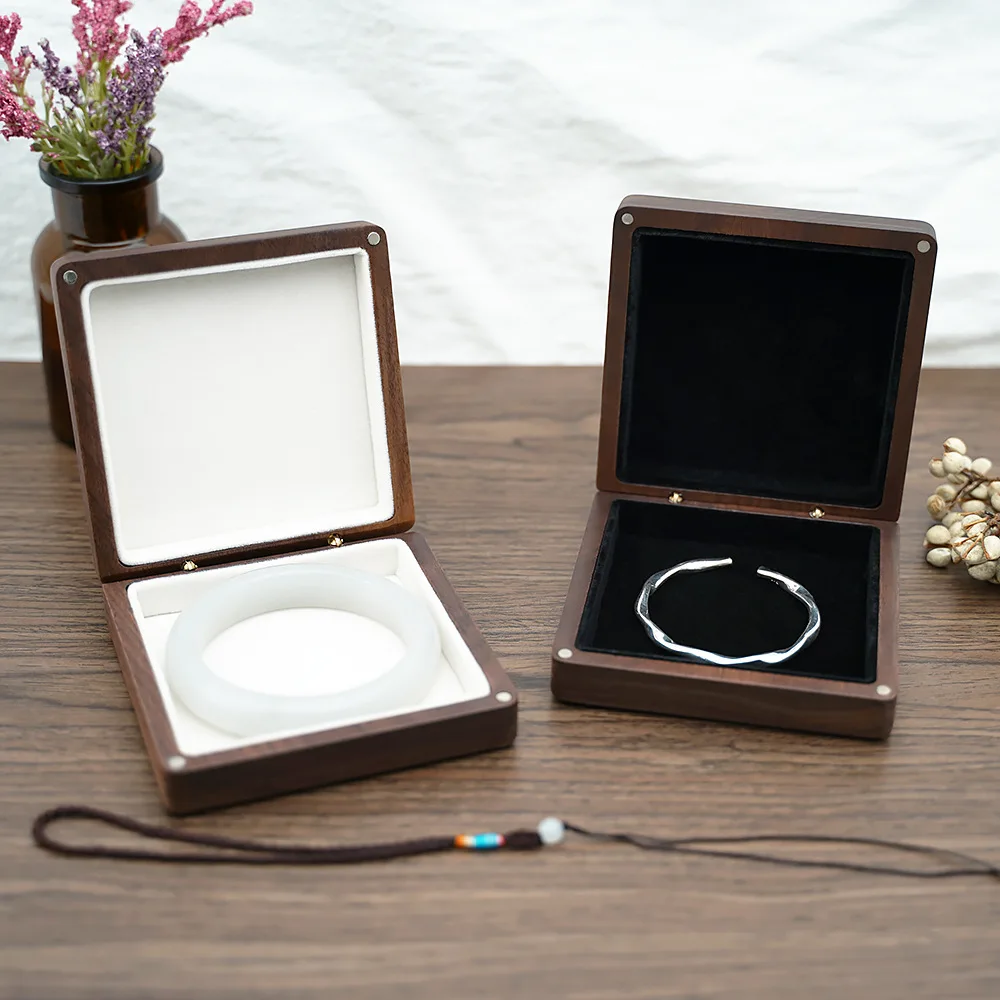 HeMu Walnut Wood Bangle Jewelry Box, Flocked Lining Square Storage Case for Jade Bangle Silver Bracelet Gift Packaging Box