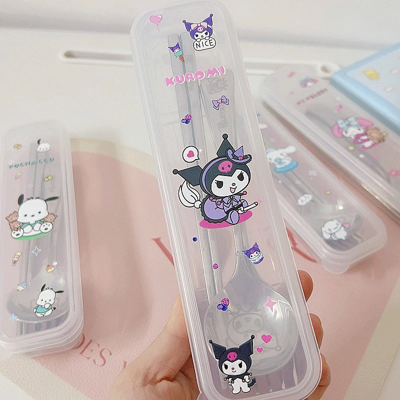 Cute Pattern Cinnamorolls Cartoon Stainless Steel Cutlery Kuromis Three-piece Set Spoon Fork And Chopstick Cutlery Kids Supplies