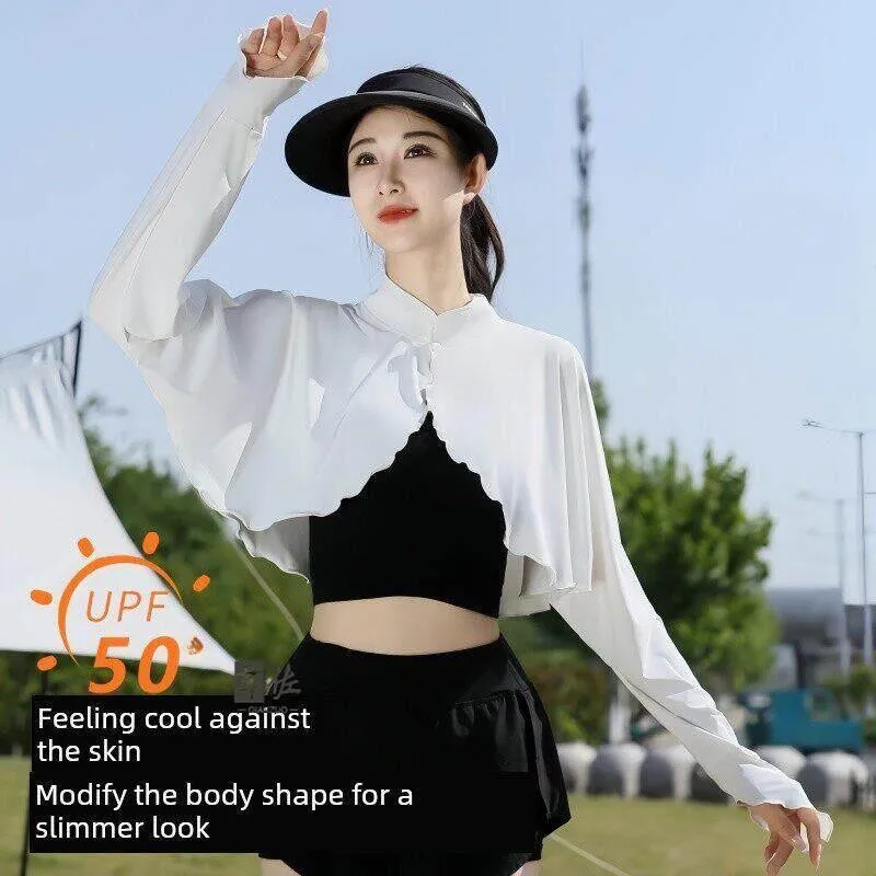 新しい中国風のアイスシルク日焼け止めスリーブショール一体型女性用薄型夏用日よけuv耐性サイクリングドライビングコート