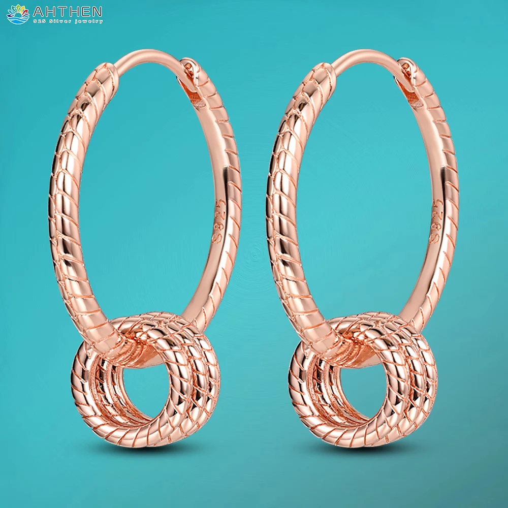 Ahthen 925 Sterling Silver Stud Earrings Rose Golden Classic Serpentine Multi Hoop Earrings Fashion Women Earrings Free Shipping