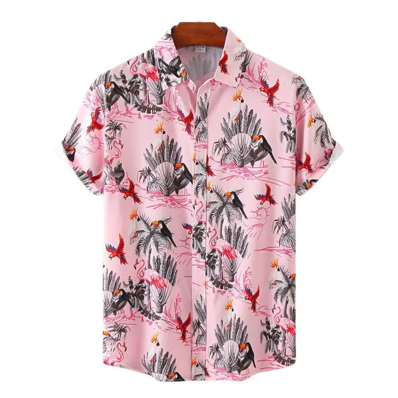 Chemise hawaïenne à imprimé flamants roses pour hommes, manches courtes, plage, rentabilité, été 2024, fête, vêtements de vacances, 3XL