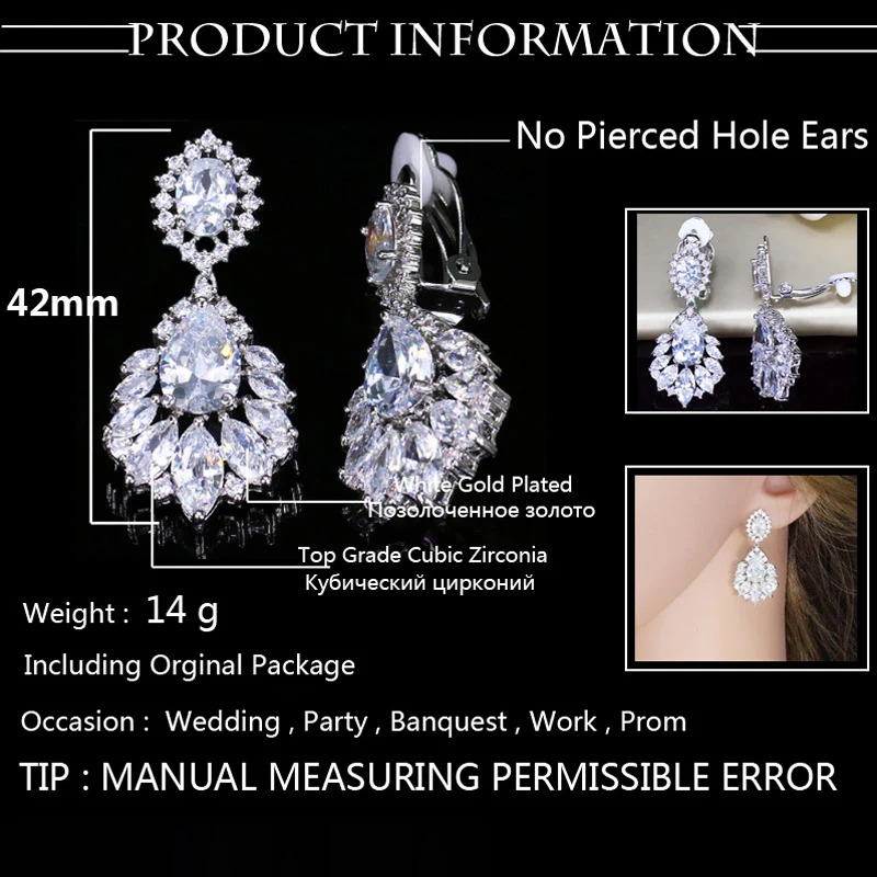 ThreeGraces Non Pierced Design Shiny Cubic Zirconia Long Drop No Hole Ear Clips On Earrings for Women Bridal Prom Jewelry EJ0039