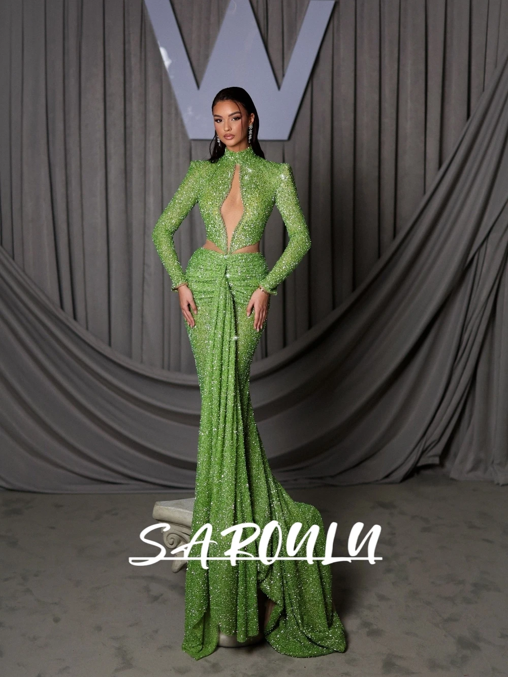

Front Cut-out Stunning Pleated Evening Dress Banquet Modern Popular Long Sleeves Pearls Customized Prom Cocktail Women Gown