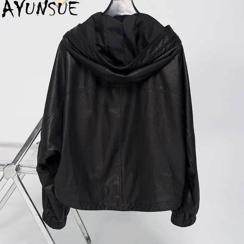 AYUNSUE Real Leather Jacket Woman Ultra-Thin Vegetable-Tanned Sheepskin Jackets for Woman Loose Hooded Tops Woman Clothes Casaco