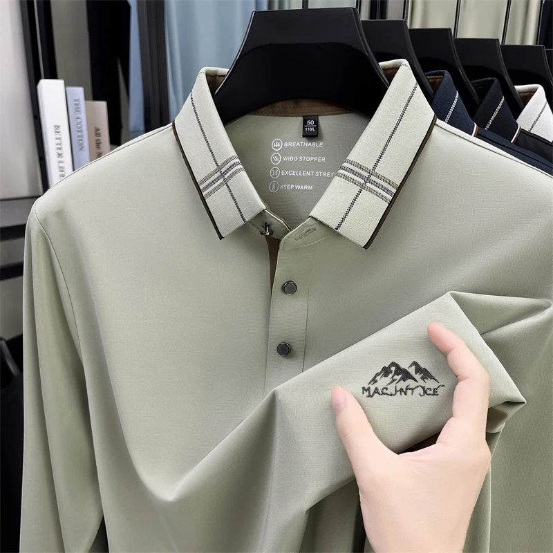 

Mulberry silk long sleeved T-shirt men's lapel polo shirt Spring and Autumn new style seamless long sleeved top men's clothing
