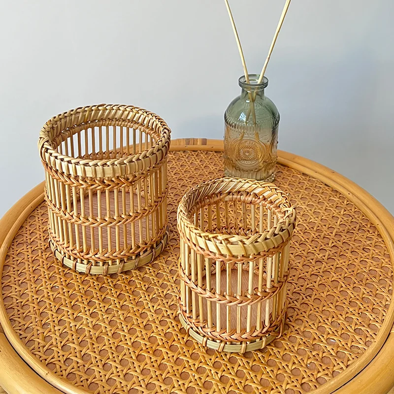 

Nordic minimalist circular living room cosmetics keys miscellaneous small items desktop bamboo and rattan woven storage tube