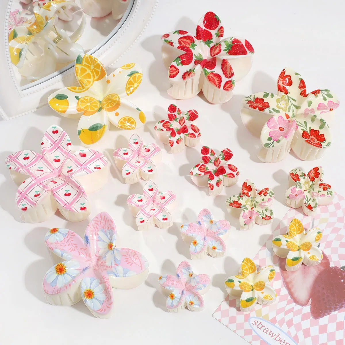 3pcs Cute Fashion Colorful Fruit Flower Print Egg Flower Women Plastic Grab Clip Small Fresh Playful Ponytail Hair Accessory - view 4