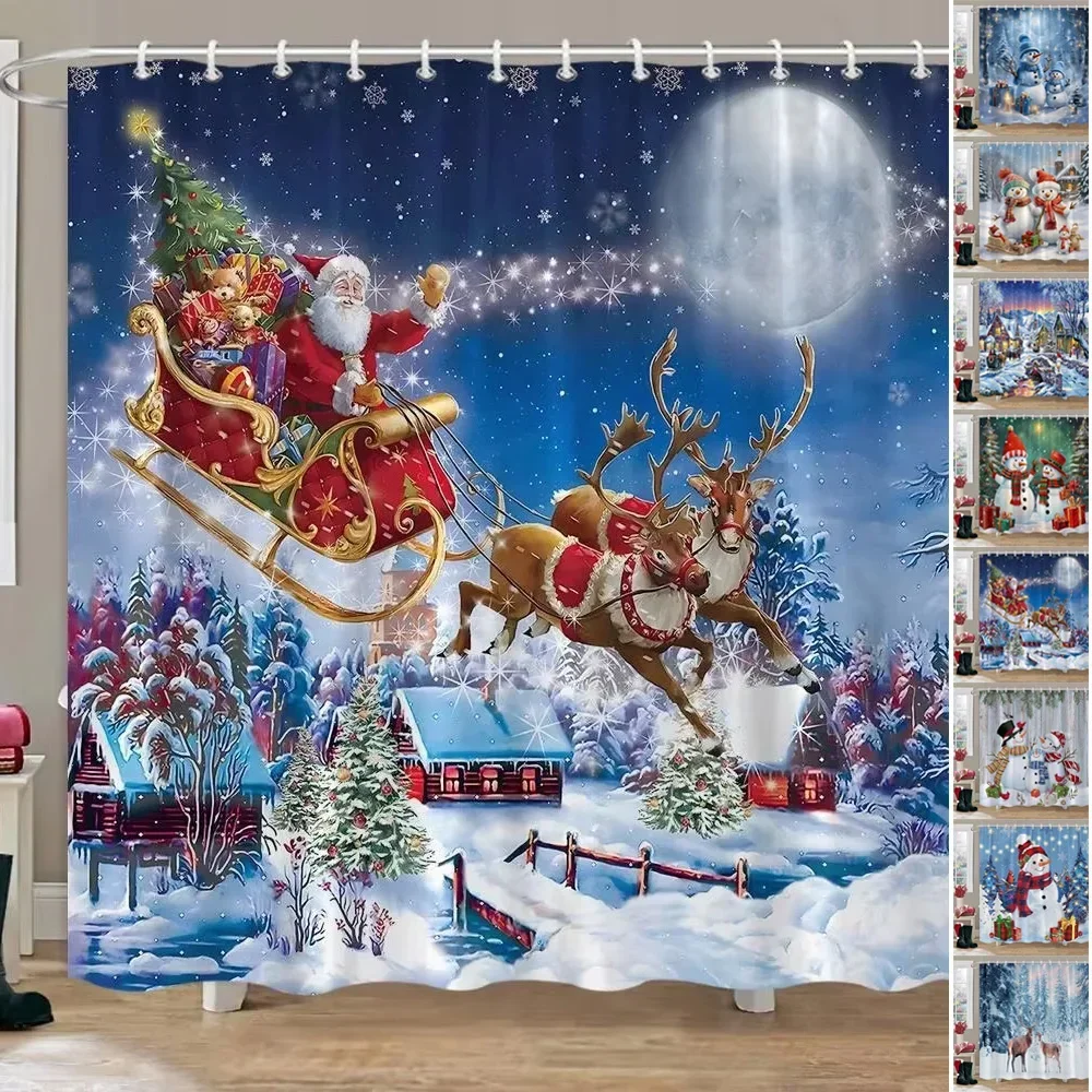 Christmas Shower Curtain Xmas Tree Gifts Winter Forest Cedar Nature Landscape Home Wall Hanging Fabric Bathroom Curtains Decor