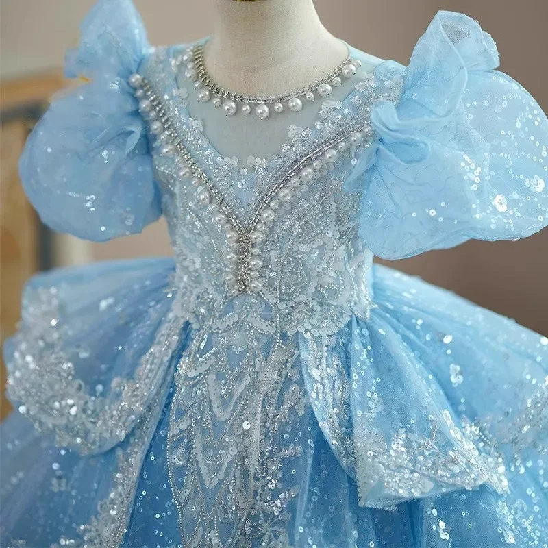 Abiti da ragazza di fiore lucidi personalizzati con paillettes con perle Abiti da ballo per bambini Spettacolo di compleanno per bambini