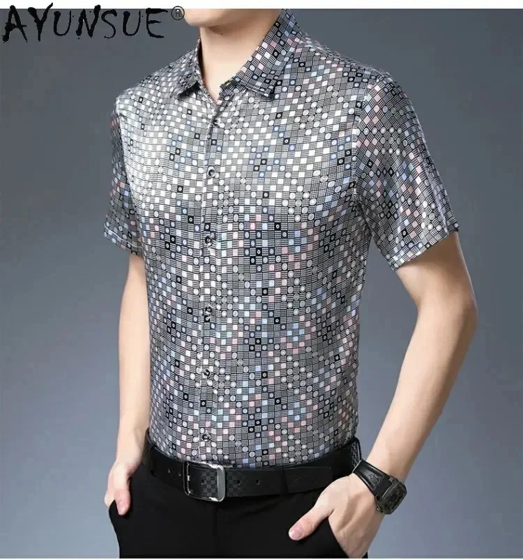 AYUNSUE Real Mulberry Silk Short Sleeved Printed Shirt for Men's Summer Satin Top Linen Clothing Camisa