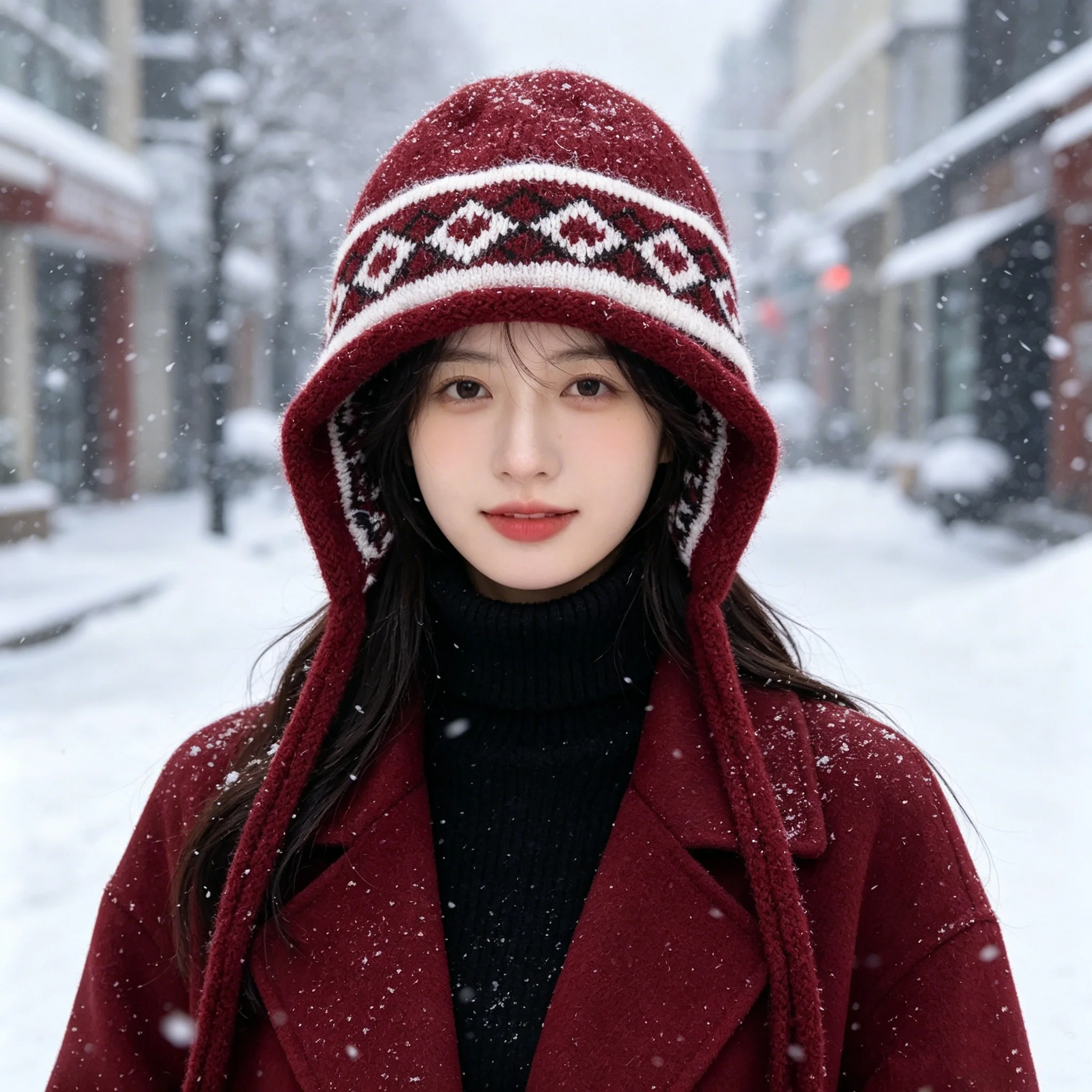 Winter Fair Isle Diamond Jacquard Knitted Earflap Hat for Women, Fleece-Lined, Warm, Tie-Up Wool Hat, Outdoor Skiing, Cold-Resistant, Northeast Cotton Hat
