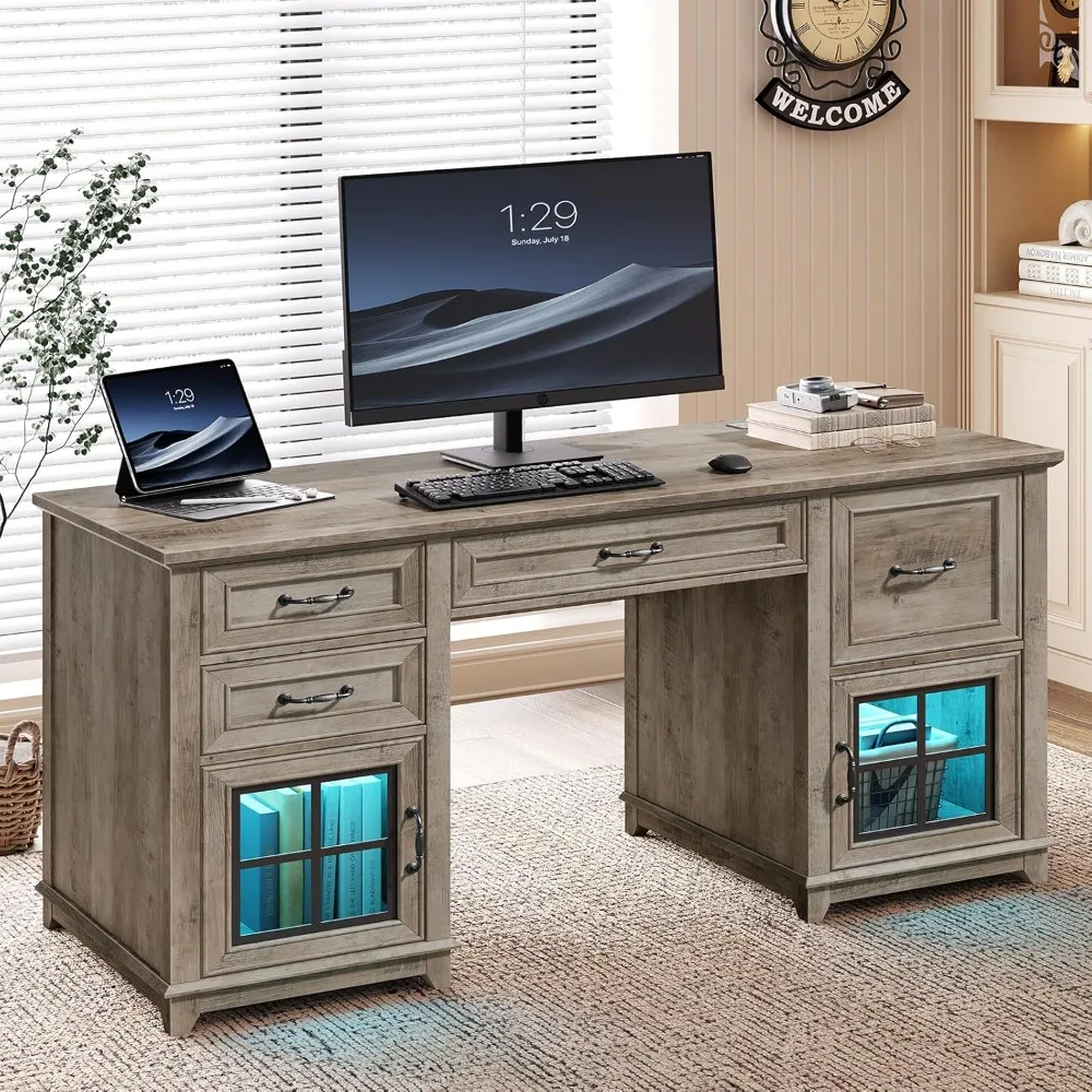 

58 Inch Farmhouse Wooden Desk with Power Outlets and LED Light, Computer Desk with Drawers, Storage Cabinets