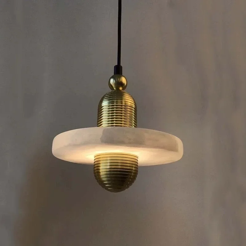 Modern Designer Artificial Alabaster Pendant Light Ribbed Metal Hanging Lamp Single Pendant Lamp for Kitchen Island Bedroom Cafe