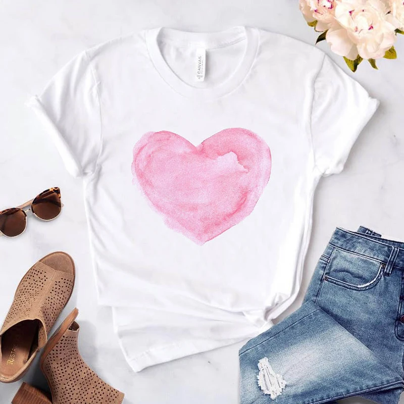 T-Shirt da donna con stampa floreale a cuore maglietta da donna Casual con colletto tondo maglietta con stampa grafica Love T-Shirt bianca manica corta