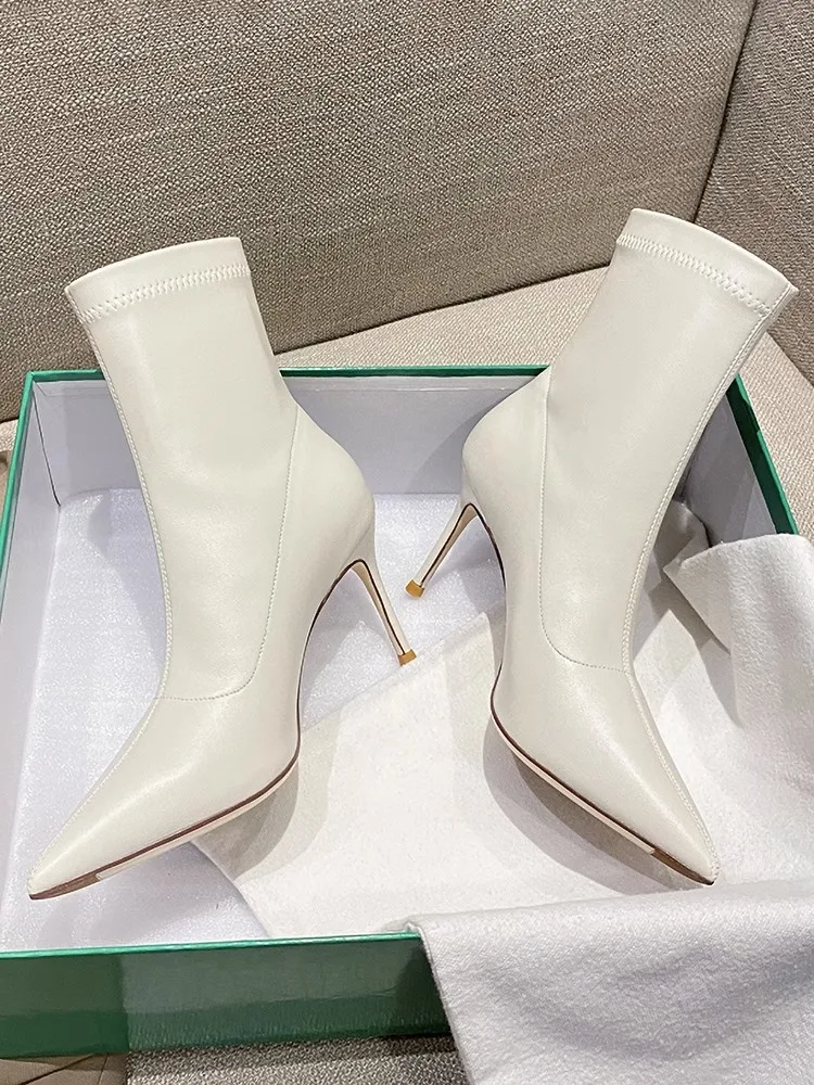 Winter Boots Lady  Boots-Women Pointe Shoes 2023 Pointy White Ankle High Heel Autumn Leather Rubber Pointed Toe Sewing Lace-Up S