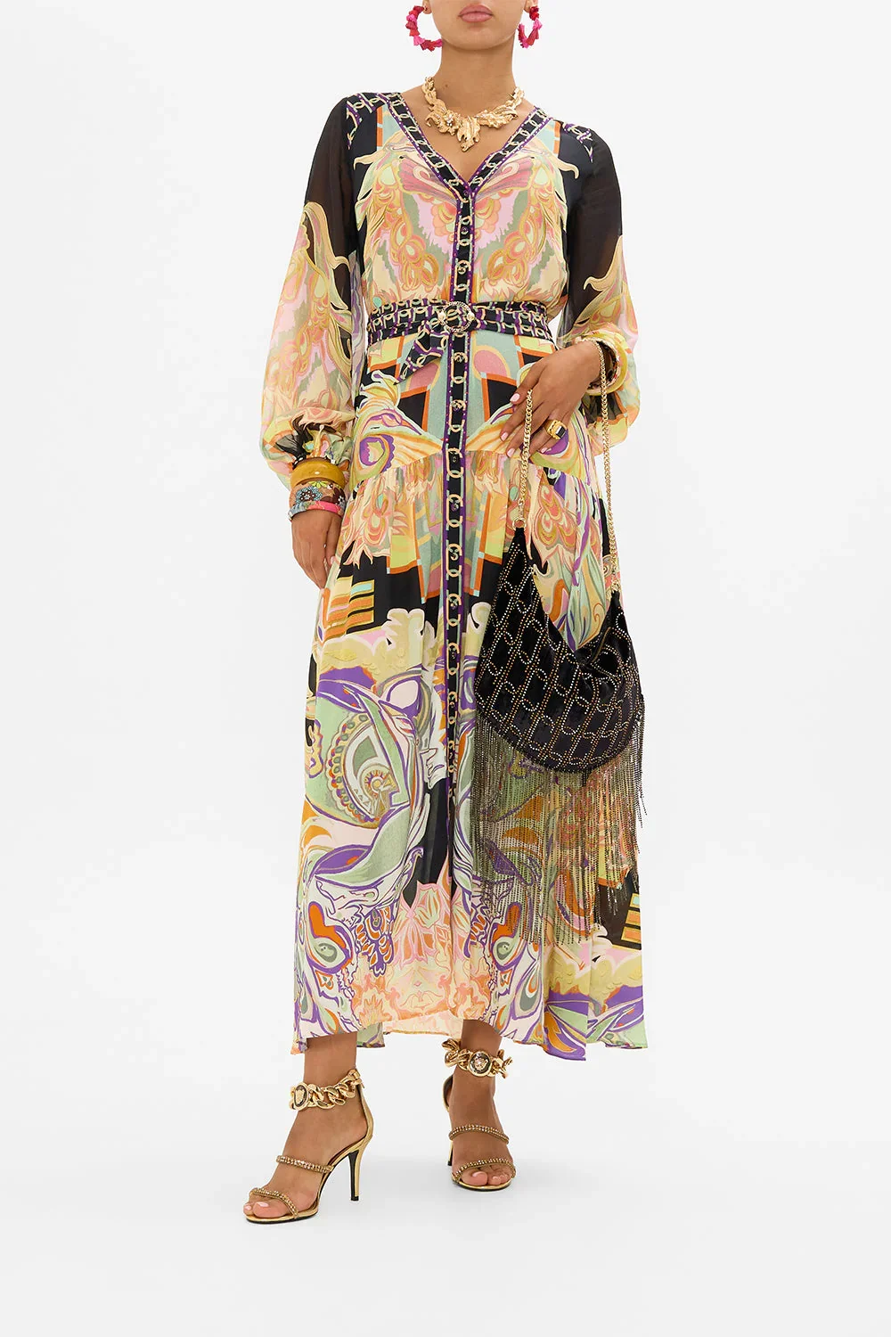 

100% Silk Women Lace-up Waist Maxi Dress Crystal Beaded Retro Print V-Neck Long Sleeve Elegant Ladies Robe