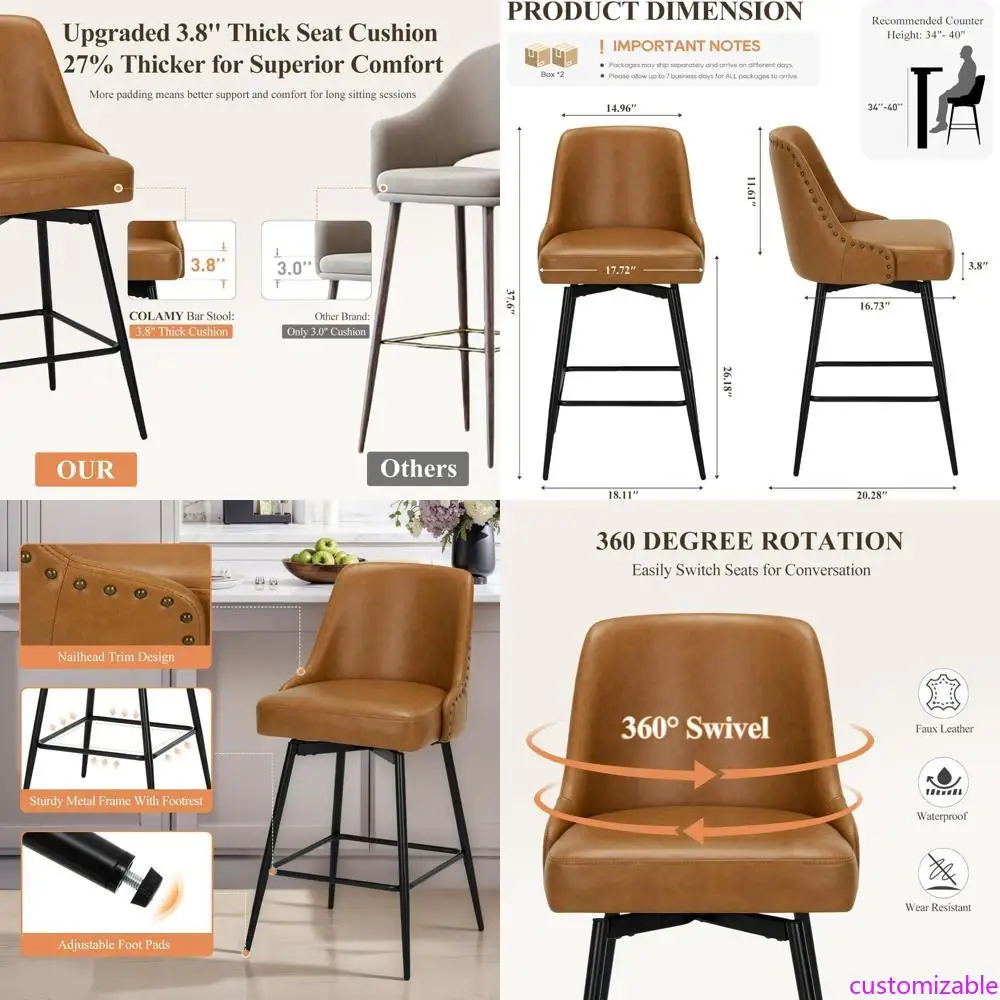 

Набор из 4 вращающихся барных стульев COLAMY, высота стойки 26,18 дюйма, сиденья с толстой мягкой подставкой, регулируемая подставка для ног, 360° ° Вращение, Премиум