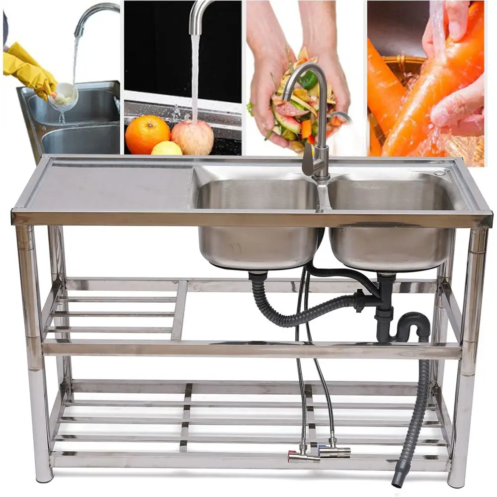Standing Stainless Steel Double Bowl Sink, Commercial Restaurant Kitchen Sink Set with Faucet & Drainboard, 2 Compartment Utilit