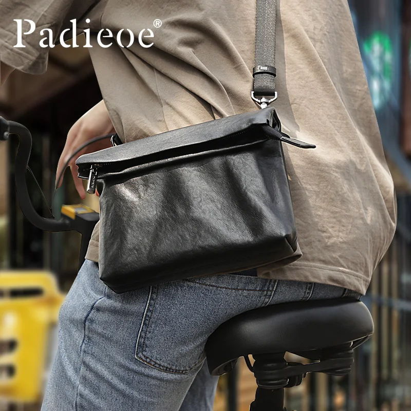 PADIEOE Men\'s leather messenger bag Large capacity shoulder bag Men\'s messenger bag Cowhide horizontal backpack Men\'s bag