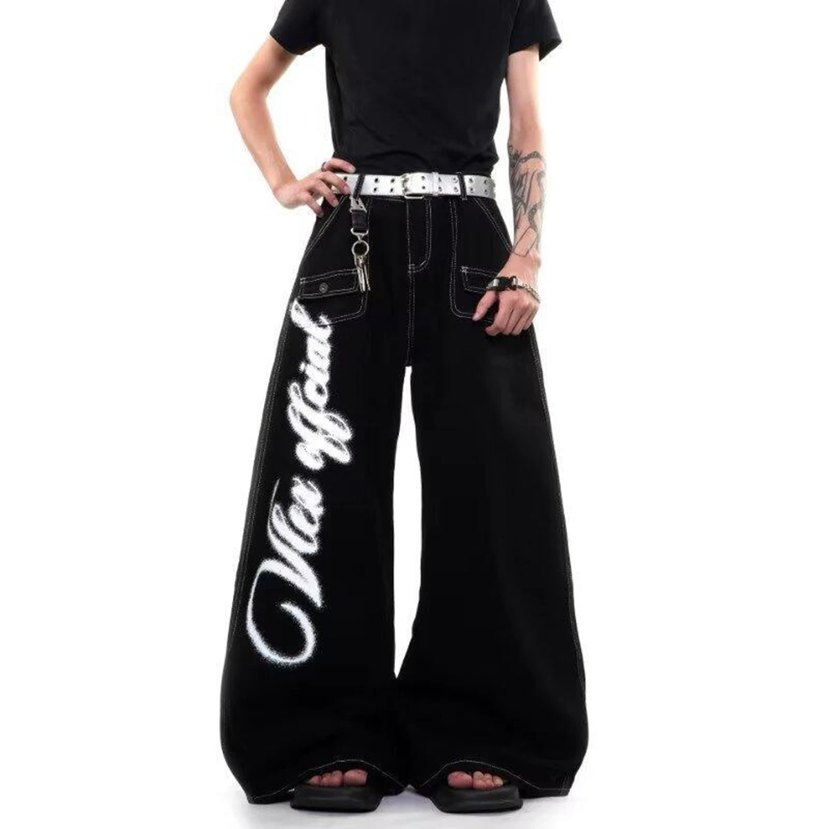 Men's White Letter Print Black Jeans Young Boys Casual Pants Street Style Sweatpants Male Straight High Waist Wide Leg Trousers