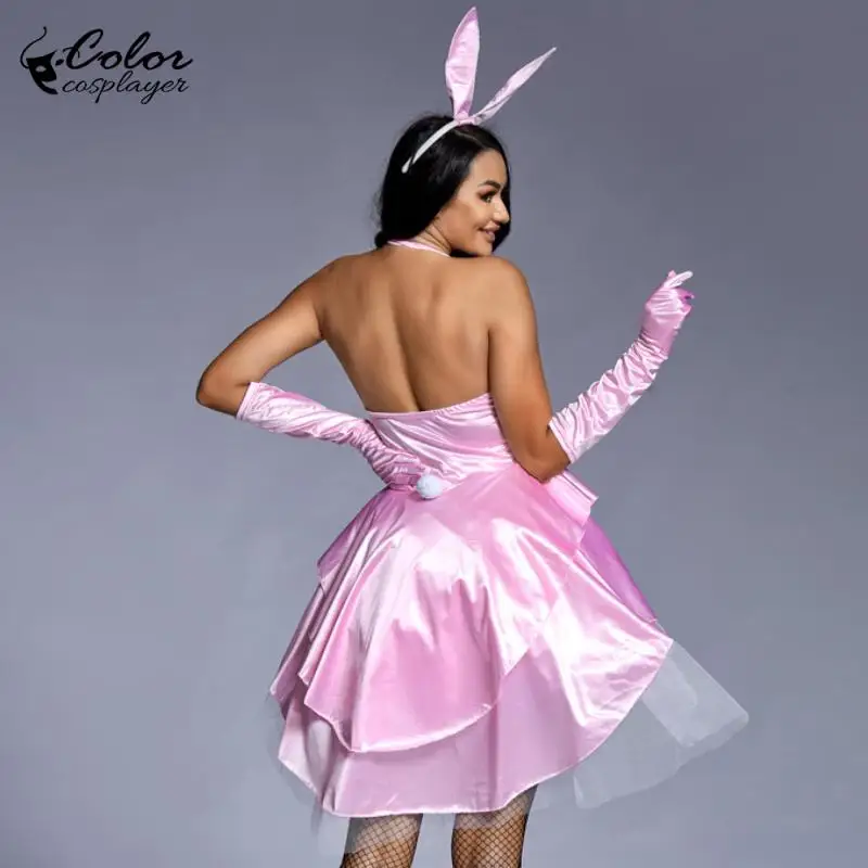 Kleur Cospalyer Roze Konijn Meisje Jurk Pak Halloween Anime Cosplay Driedelige Set Vrouwen Sexy Vermomming Kostuum Feestuniform