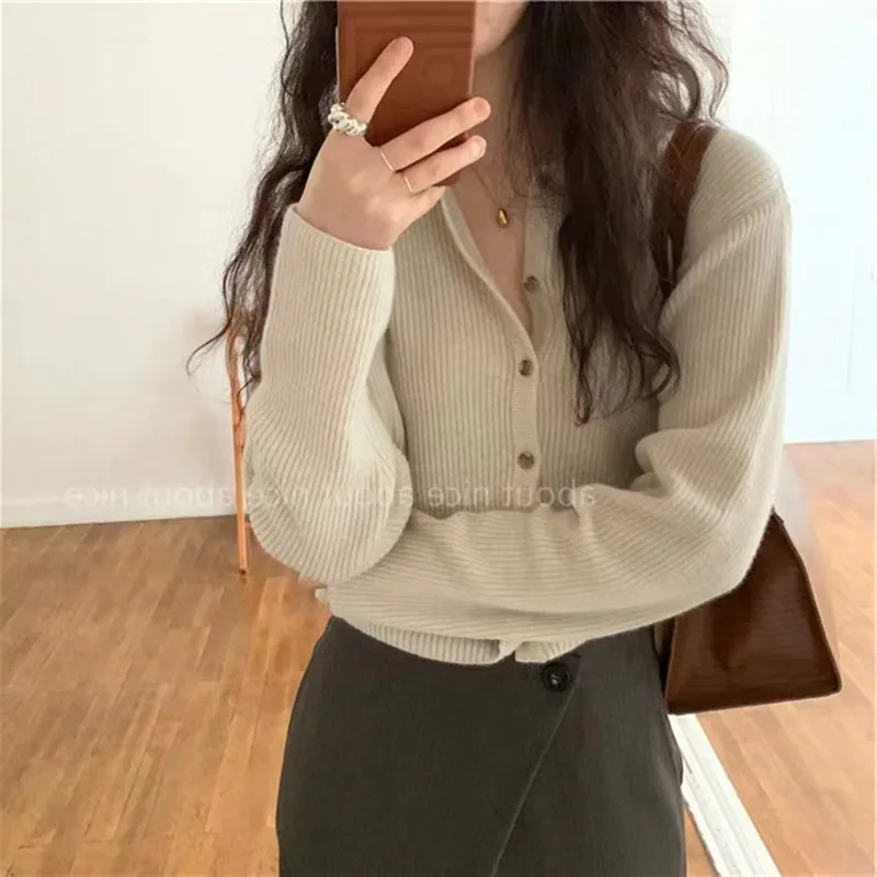 Sweter rozpinany z czystej wełny, kurtka, jesień/zima 2025, damski sweter z okrągłym dekoltem, dzianina kaszmirowa, moda koreańska, odzież damska.