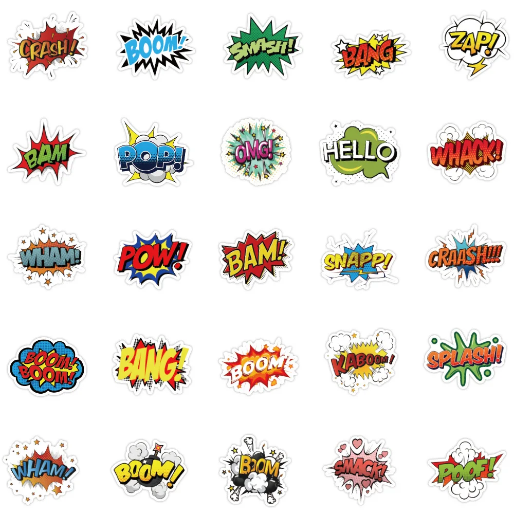 50/100Pcs INS English Boom Hello OMG BAM CRASH POW Stickers PVC Waterproof Stickers Decals For Kids Boys Girls Toys Gifts