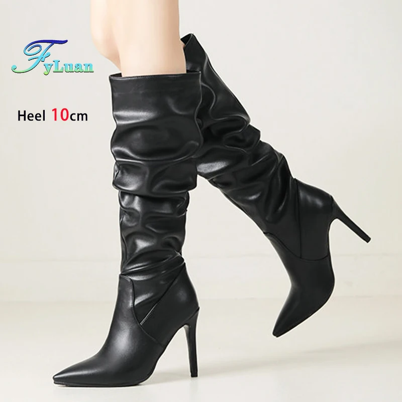 

Весенне-осенние длинные сапоги для женщин на тонком высоком каблуке 10 см, модные плиссированные сапоги до колена, трендовая женская обувь на открытом воздухе 10 см, размер 43
