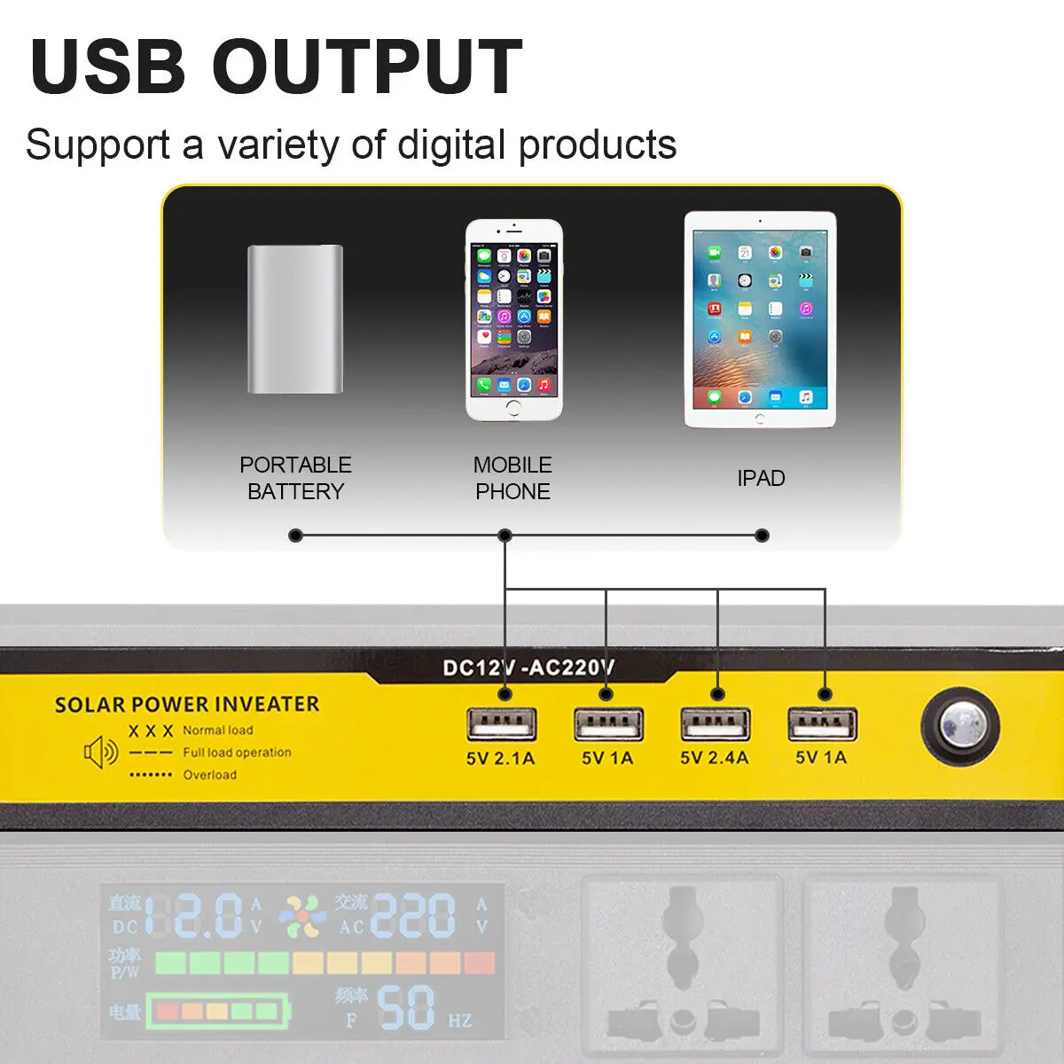 محول طاقة السيارة بموجة جيبية رقمية 6000 وات، 4 محول USB DC 12V إلى AC 240V