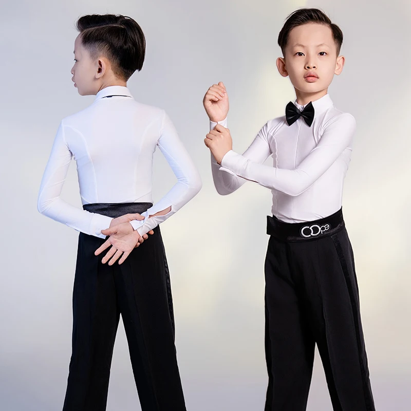 

Latin Dance Shirt Competition Professional Dance Suit For Boys White Top Black Pants Kids Tango Performance Dancing Costume 2032