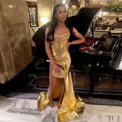 One Shoulder Golden Appliques Satin Dress With Slit Floor Length Elegang Mermaid Dresses Custom Made Women Clothing Free Shippin