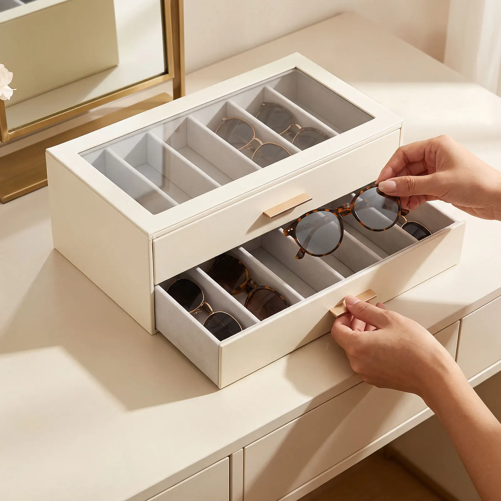 12 Slots Sunglasses Organizer Glasses Display Box 2 Floors PU Leather Tabletop Glasses Storage Drawer for Jewelry Rings Necklace