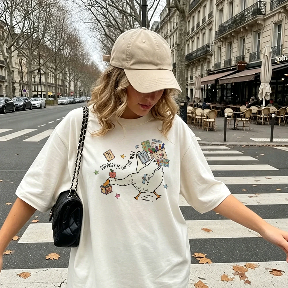 Support Is On The Way Cute Goose Carrying School Supplies Women T Shirt Casual Streetwear Back To School Gift For Students Teens