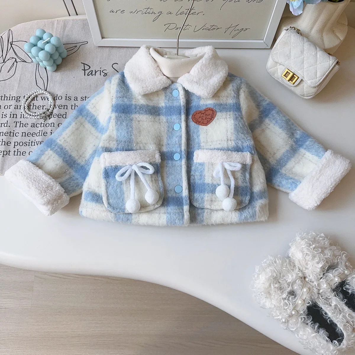 

Korean Winter Children Girls Parka Cotton Blue Plaid Turn Down Collar Kids Girl Outerwear Thicken Warm Infant Babys Girls Jacket
