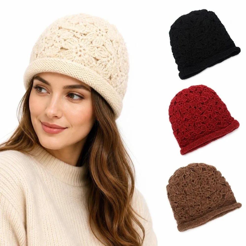 Hollow Handmade Crochet Hat Double-Layer Thick Knit Thick Winter Hat Cold Weather Wear 3D Flower Knitted Beanie Hat