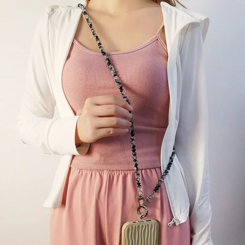 Mobile Phone Lanyard Long Crossbody Can Back Hand-beaded High-end Black Gray Round Bead Chain Diagonal Chain Rope  Iphone 15 Pro