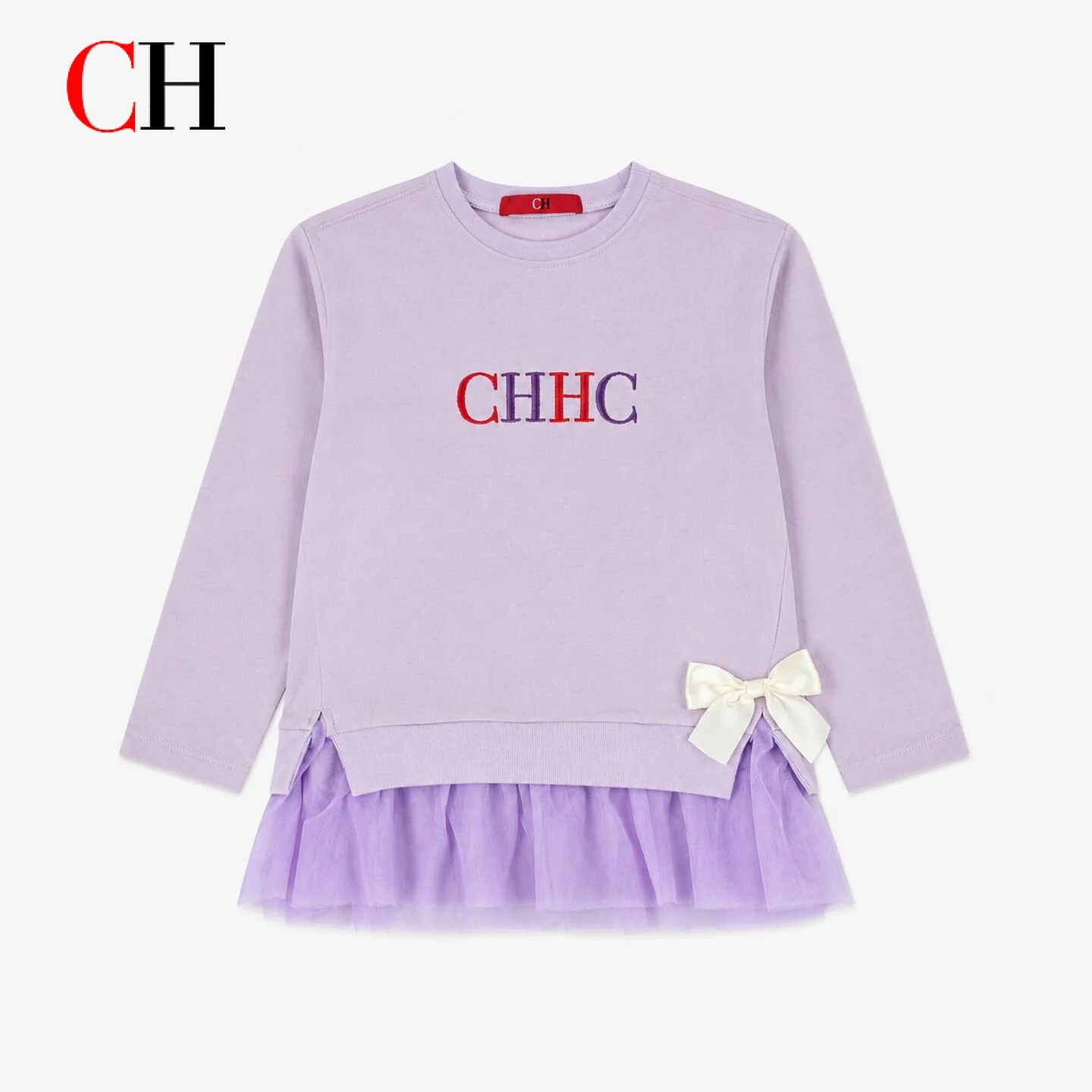 CH Girls Bow Lace Hem Sweatshirt Long Sleeve Crew Neck Letter Embroidery Casual Pullover Top Kids Spring Autumn
