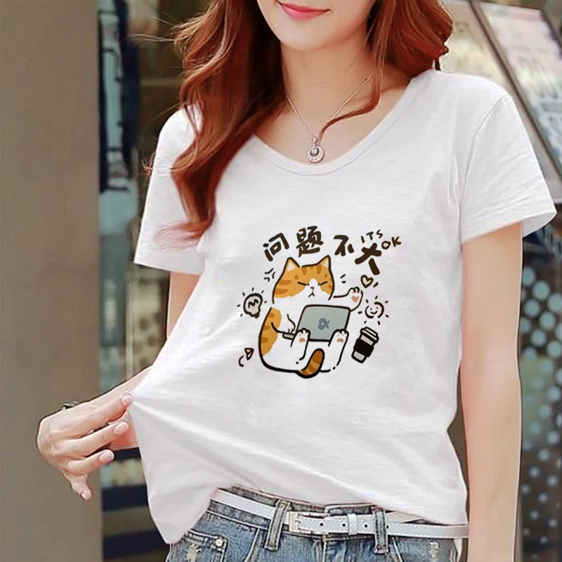

Women Cat Cute It's Ok Printed T-shirt Casual Trend Retro Cartoon Printed Round Neck Top Short Sleeved Woman Clothing