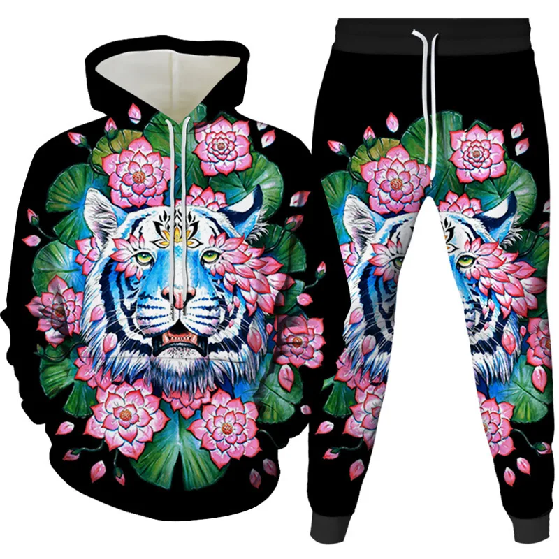 

Autumn Men's Hoodie Set Tiger 3D Printed Sweater Sweatpants 2-piece Casual Hooded Sweater Tracksuit Streetwear Fashion Clothing