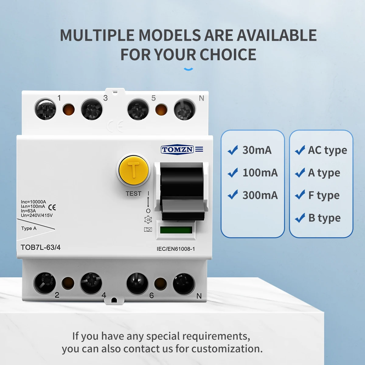 DIN Rail Electromagnetic Residual Current Circuit Breaker RCCB A/AC/B/F Type 240V/415V 30-300mA 40-63A Tomzn Office Small Size