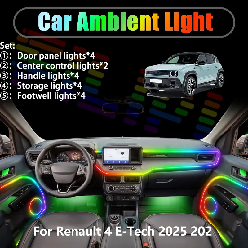

For Renault 4 E-Tech 2025 2026 2/18 in 1 Car ambient lighting Led trunk interior led lights USB RGB Ensemble Streamer Auto Parts