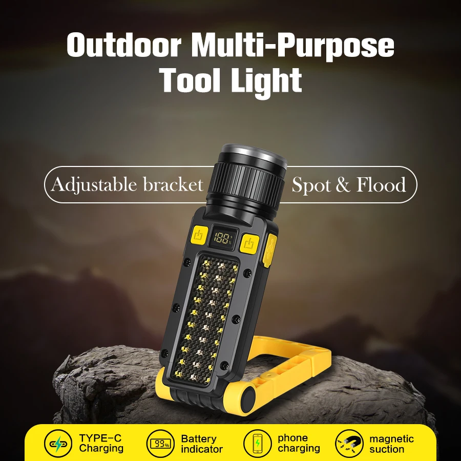 

Multi-function Work Light Rechargeable rotating Zoom Folding Flashlight Magnet Design Outdoor Waterproof Camping Fishing lamp