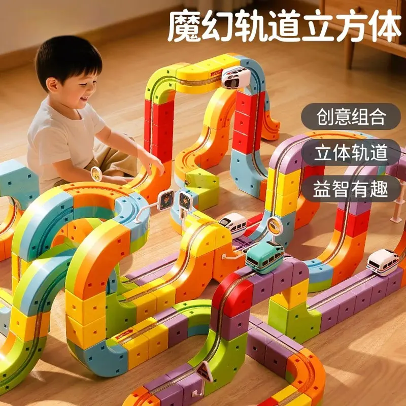 Montagem de trem ferroviário mágico conjunto quebra-cabeça brinquedo pai criança interativo crianças brinquedo não controle remoto trem ferroviário presente natal